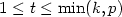 $1 \leq t \leq \min(k,p)$