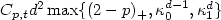 $C_{p,t} d^2 \max\{(2-p)_+,\kappa_0^{d-1},\kappa_1^d\}$